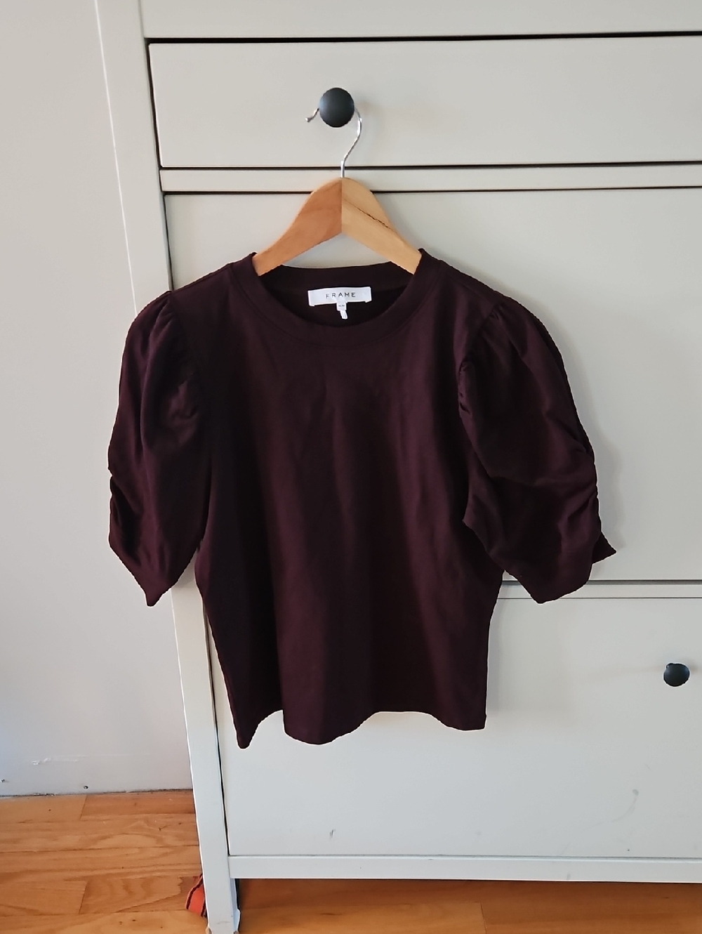 Frame Denim Burgundy Puff-Detail Short Sleeve Tee